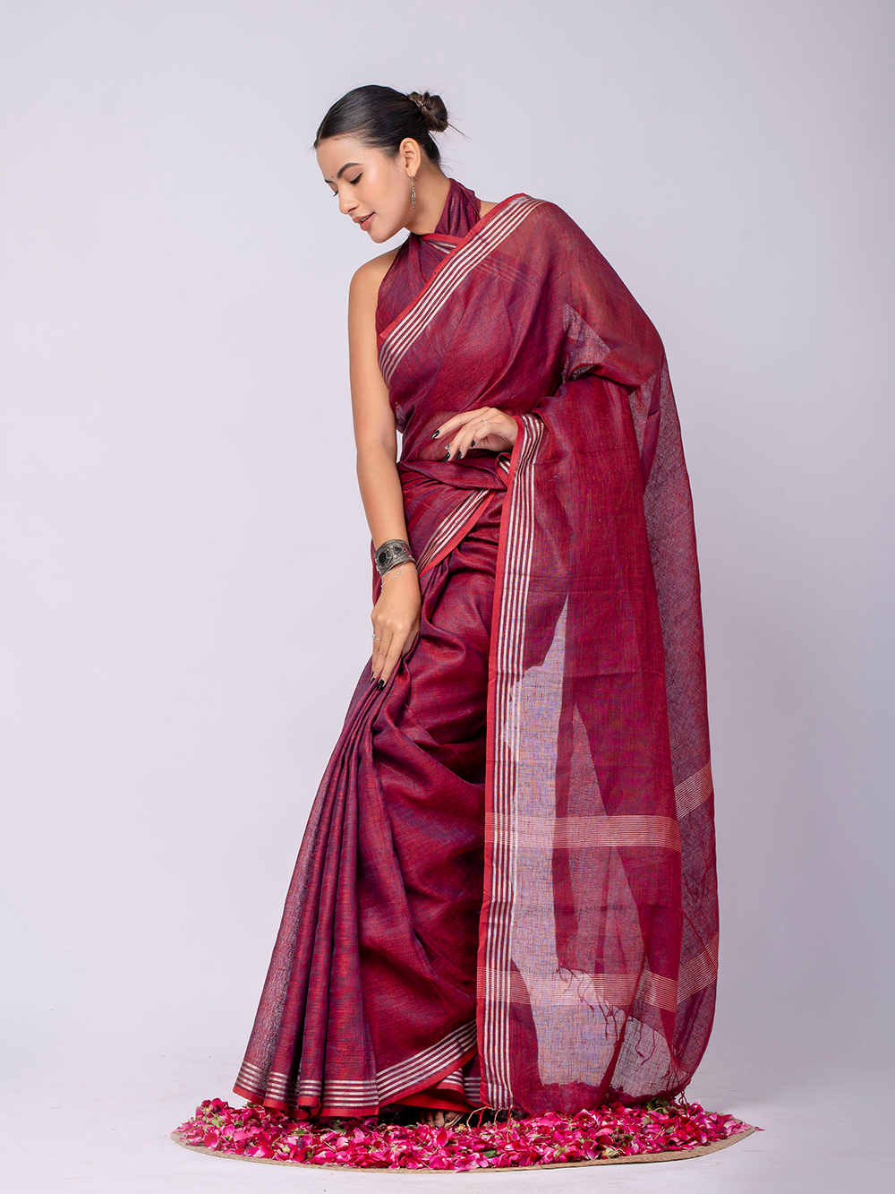 Wine Red Cross Dyed Pure Linen Saree with Blouse