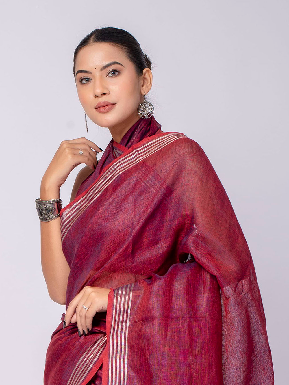 Wine Red Cross Dyed Pure Linen Saree with Blouse