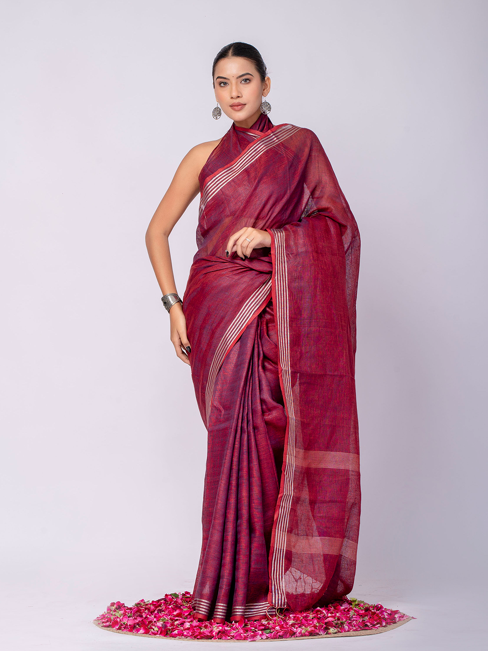 Wine Red Cross Dyed Pure Linen Saree with Blouse