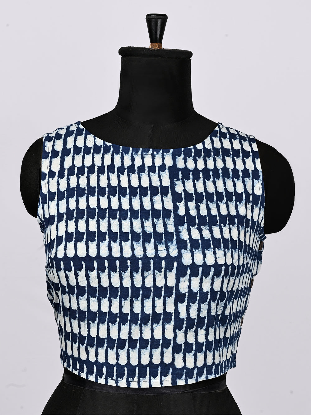 Indigo Blue Thumb Print Sleeveless Hand Block Printed Cotton Blouse