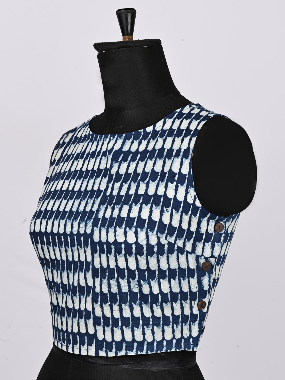 Indigo Blue Thumb Print Sleeveless Hand Block Printed Cotton Blouse