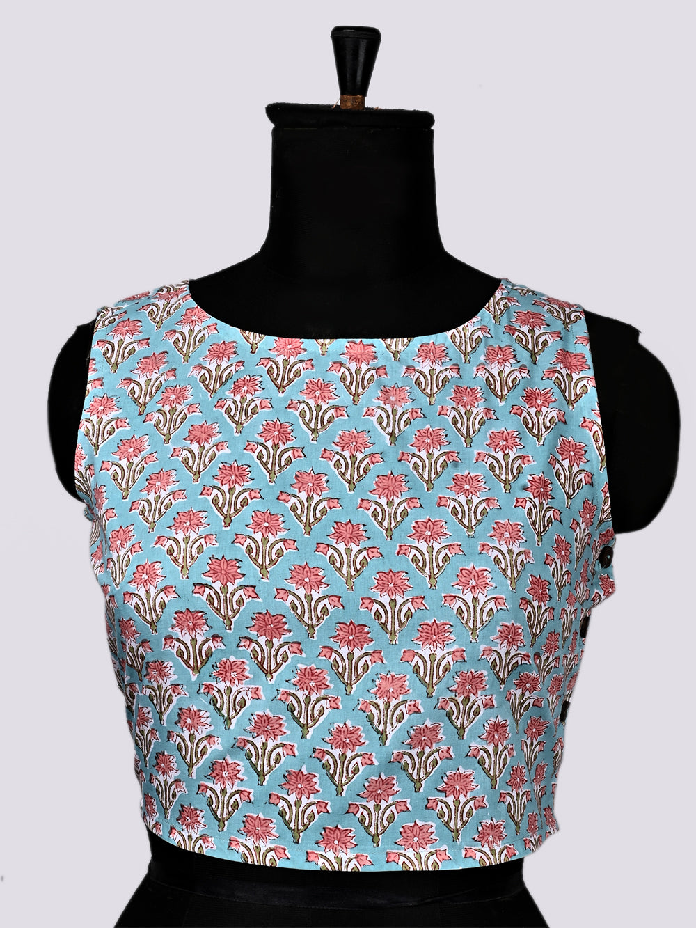 Sky Blue Mini Flower Sleeveless Hand Block Printed Cotton Blouse