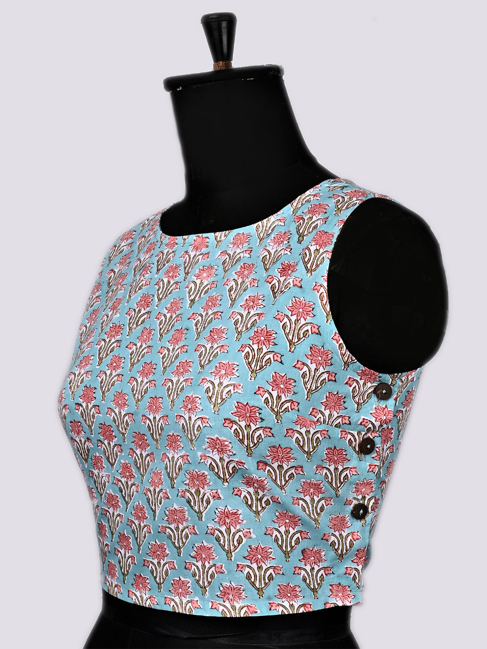 Sky Blue Mini Flower Sleeveless Hand Block Printed Cotton Blouse