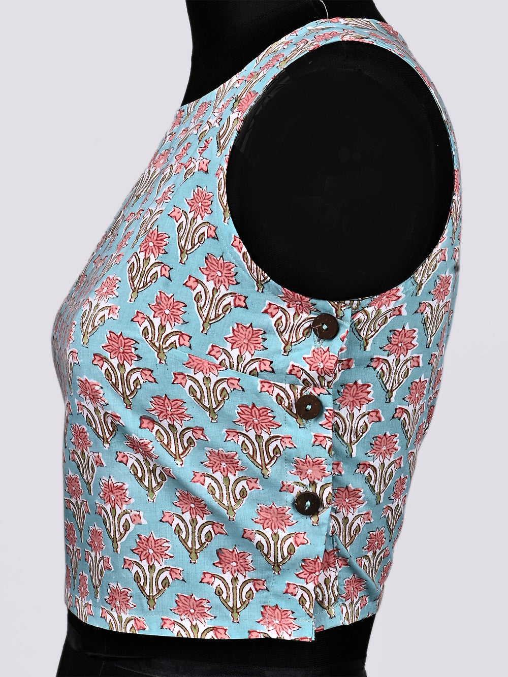 Sky Blue Mini Flower Sleeveless Hand Block Printed Cotton Blouse