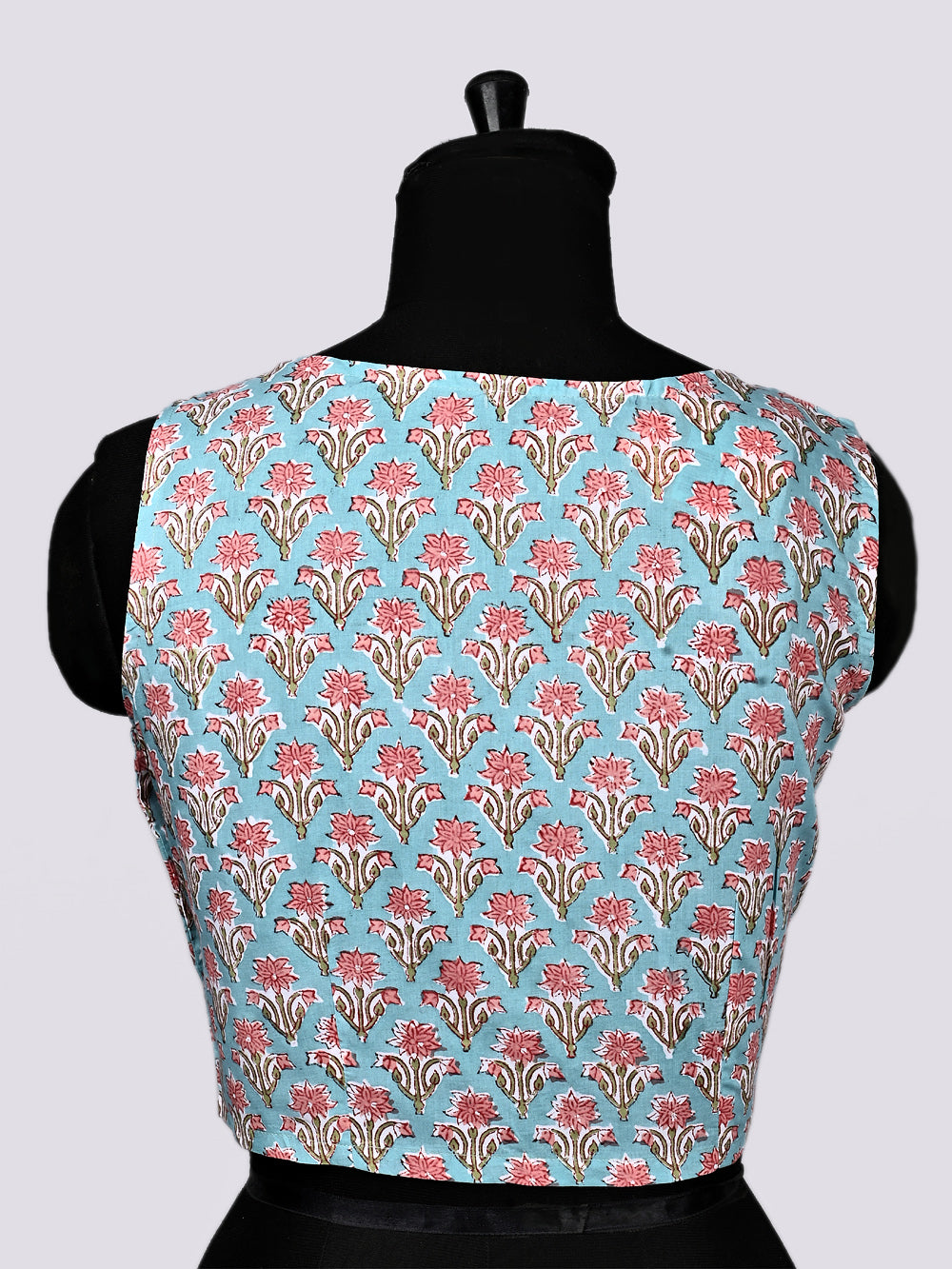 Sky Blue Mini Flower Sleeveless Hand Block Printed Cotton Blouse