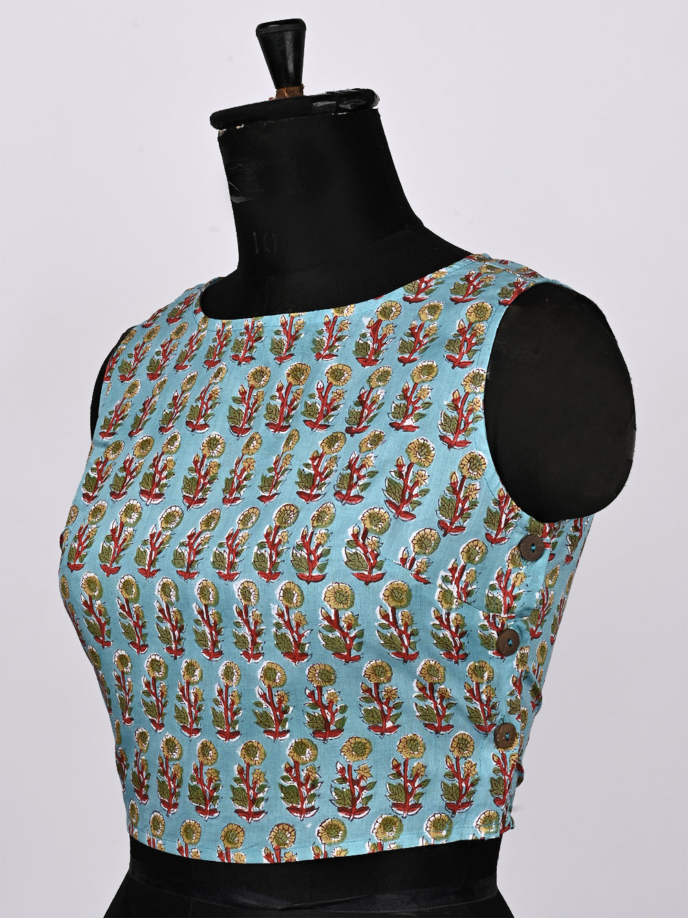 Sky Blue Mini Mughal Flower Sleeveless Hand Block Printed Cotton Blouse