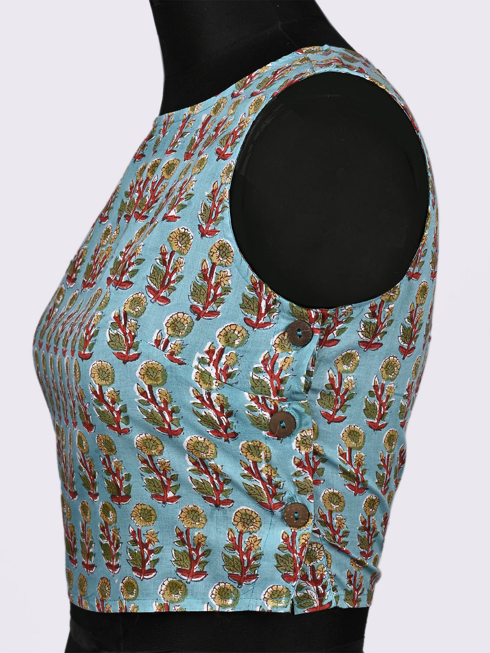 Sky Blue Mini Mughal Flower Sleeveless Hand Block Printed Cotton Blouse