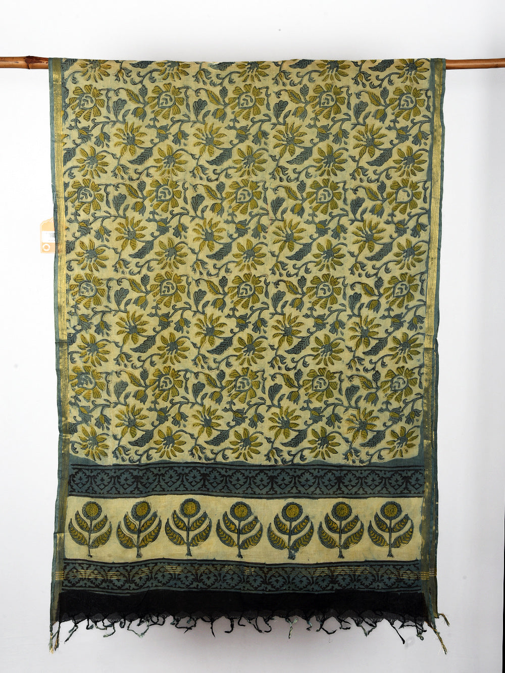 Green Floral Vine Hand Block Printed Cotton Dupatta with Zari Border