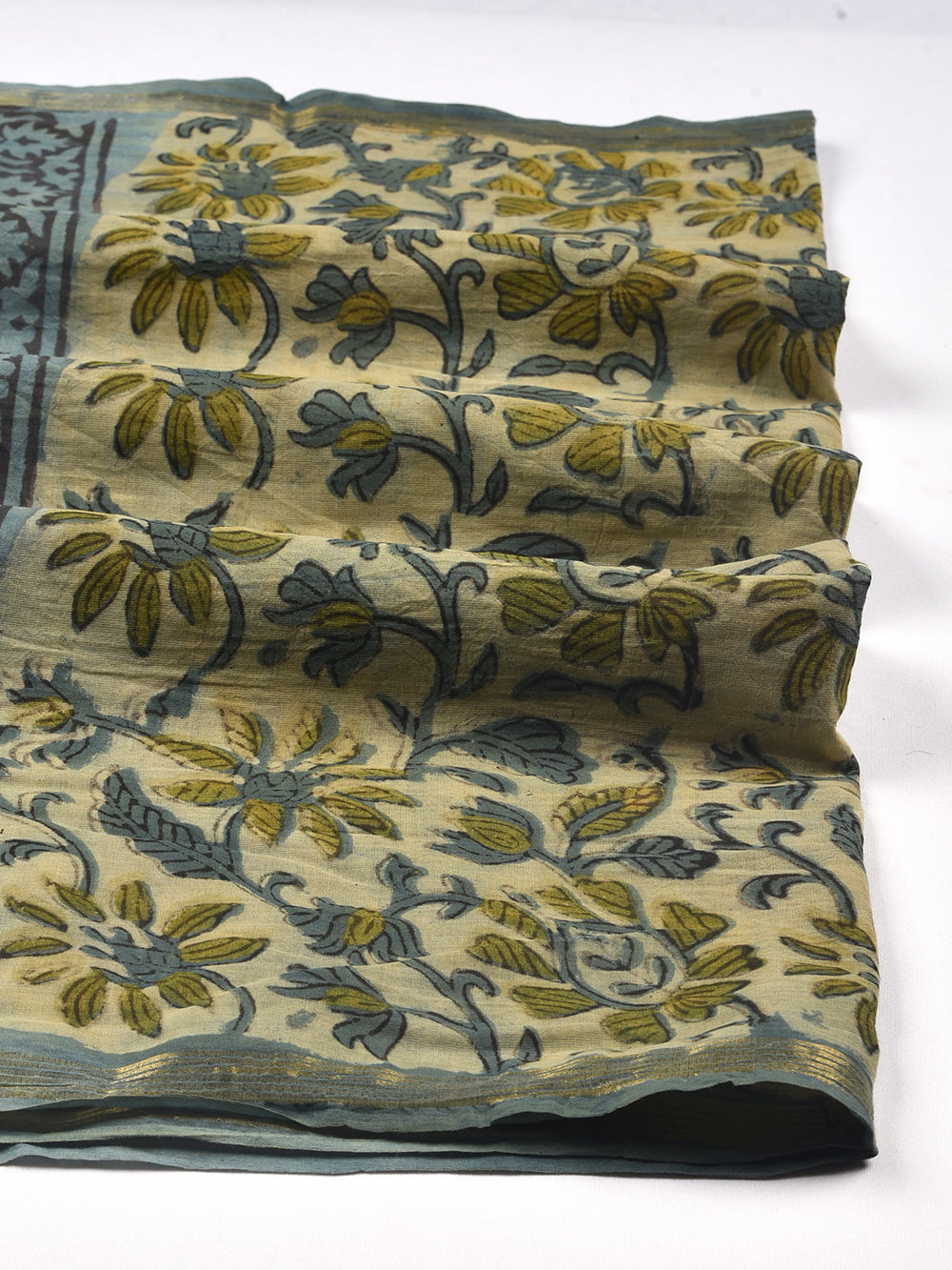 Green Floral Vine Hand Block Printed Cotton Dupatta with Zari Border
