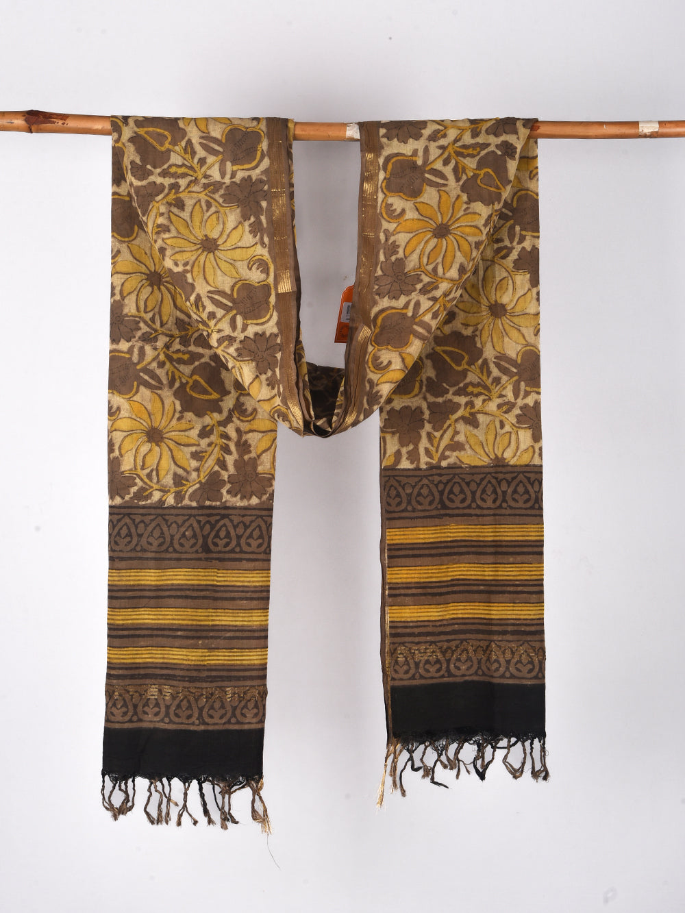 Brown Floral Hand Block Printed Cotton Dupatta with Zari Border