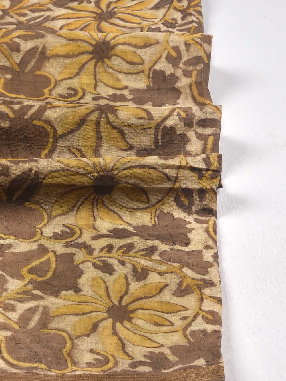 Brown Floral Hand Block Printed Cotton Dupatta with Zari Border