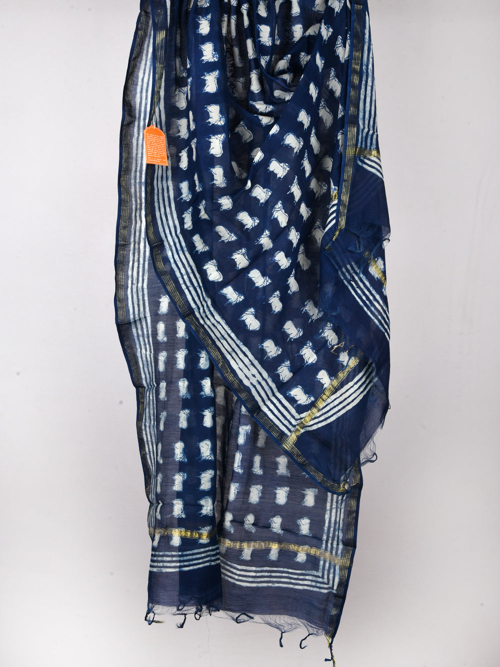 Indigo Choti Nandi Hand Block Printed Silk Cotton Chanderi Dupatta