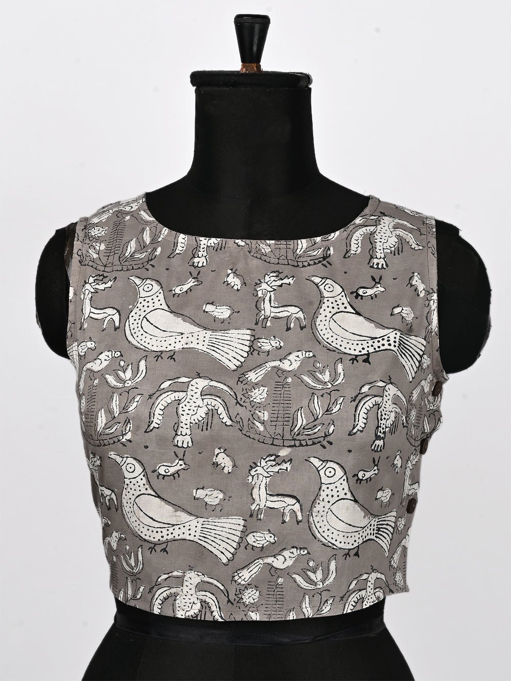 Grey Birdie Sleeveless Hand Block Printed Cotton Blouse