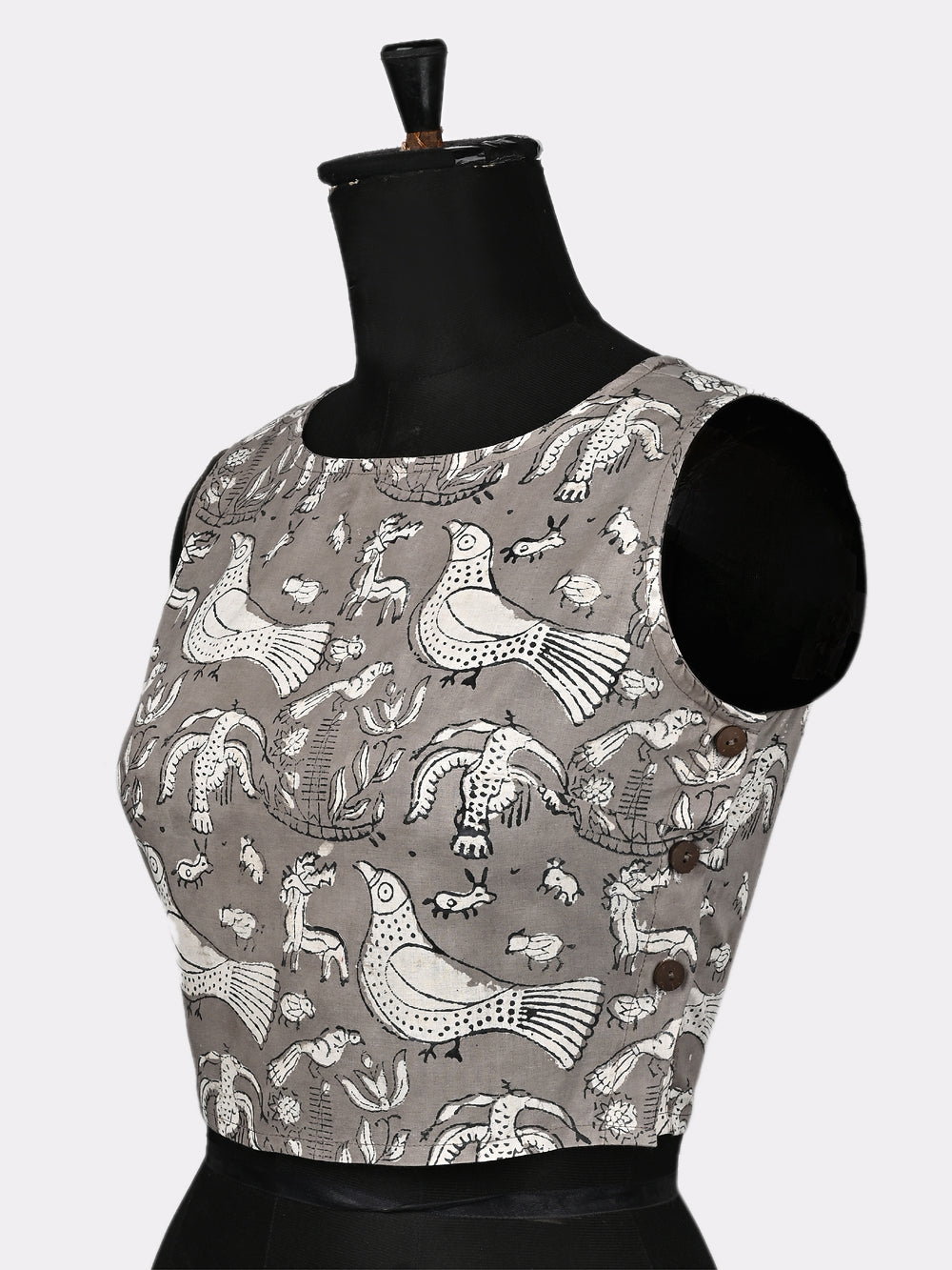 Grey Birdie Sleeveless Hand Block Printed Cotton Blouse