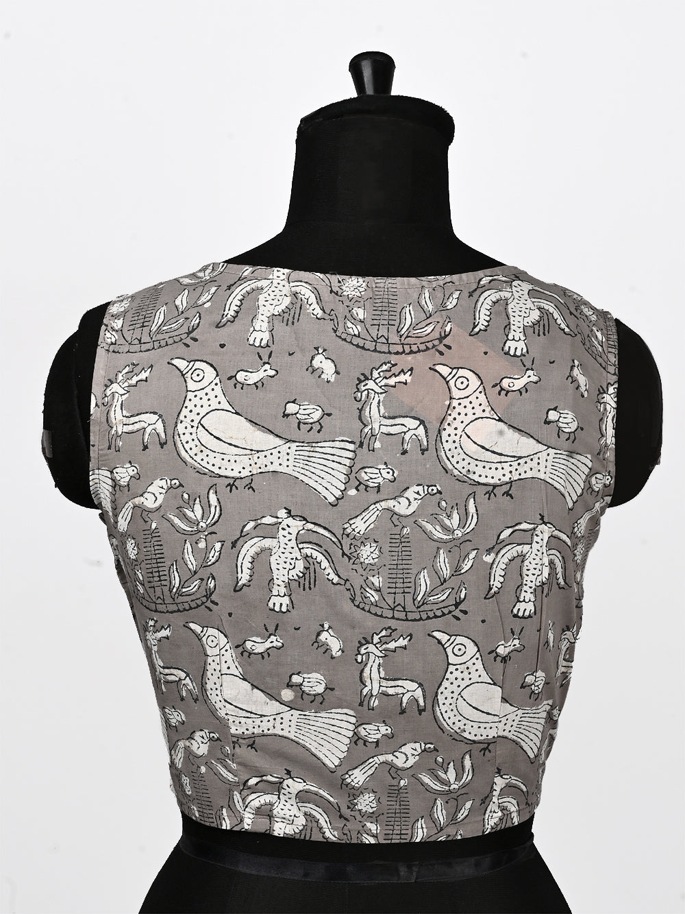 Grey Birdie Sleeveless Hand Block Printed Cotton Blouse