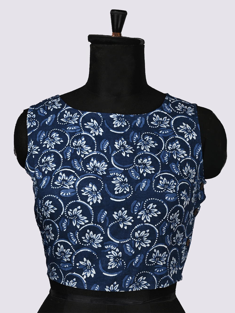 Indigo Blue Harsingar Flower Sleeveless Hand Block Printed Cotton Blouse