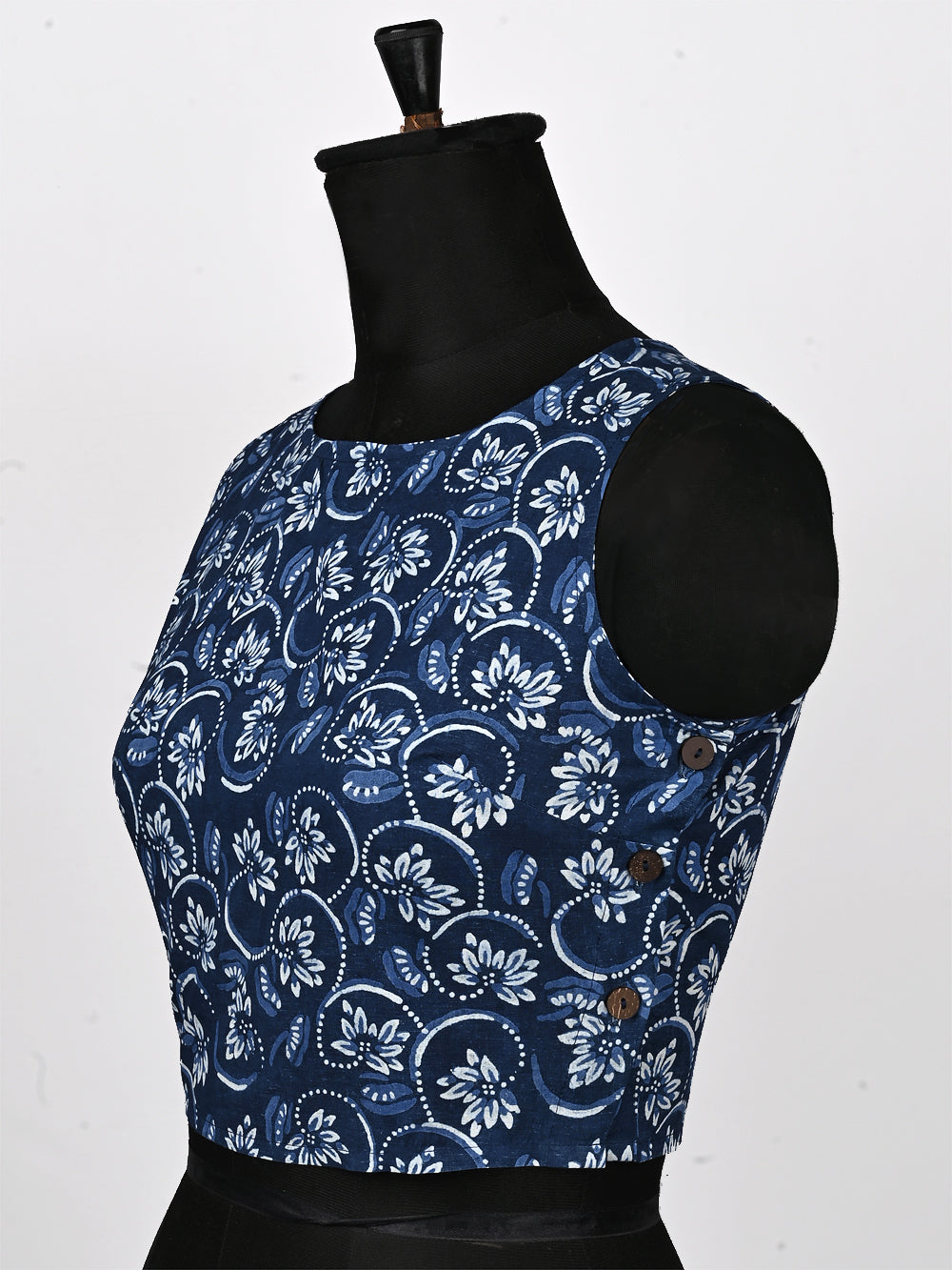 Indigo Blue Harsingar Flower Sleeveless Hand Block Printed Cotton Blouse