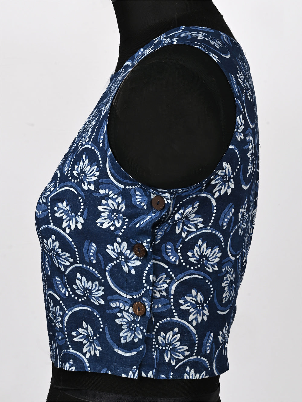 Indigo Blue Harsingar Flower Sleeveless Hand Block Printed Cotton Blouse