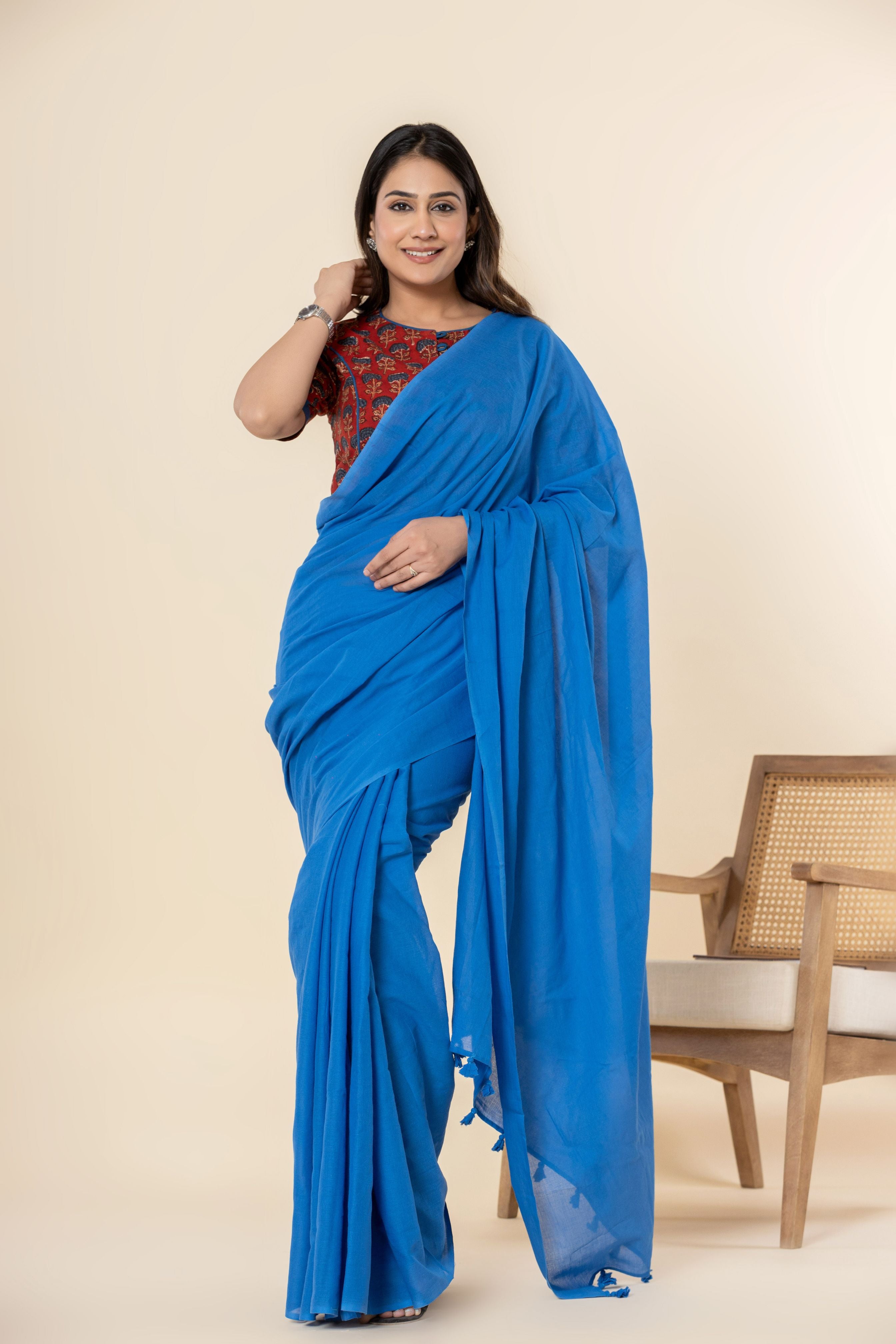 Ocean Blue Dyed Mul Mul Cotton Saree with Tassels (without Blouse)