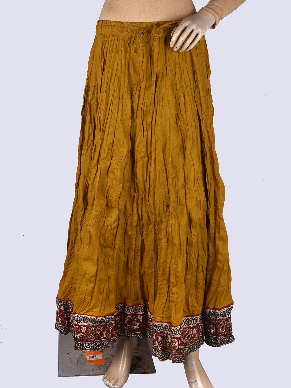 Plain Dyed Ochre Yellow with Kalamkari Border Crinkled Cotton 28 Kali Kalidaar Skirt