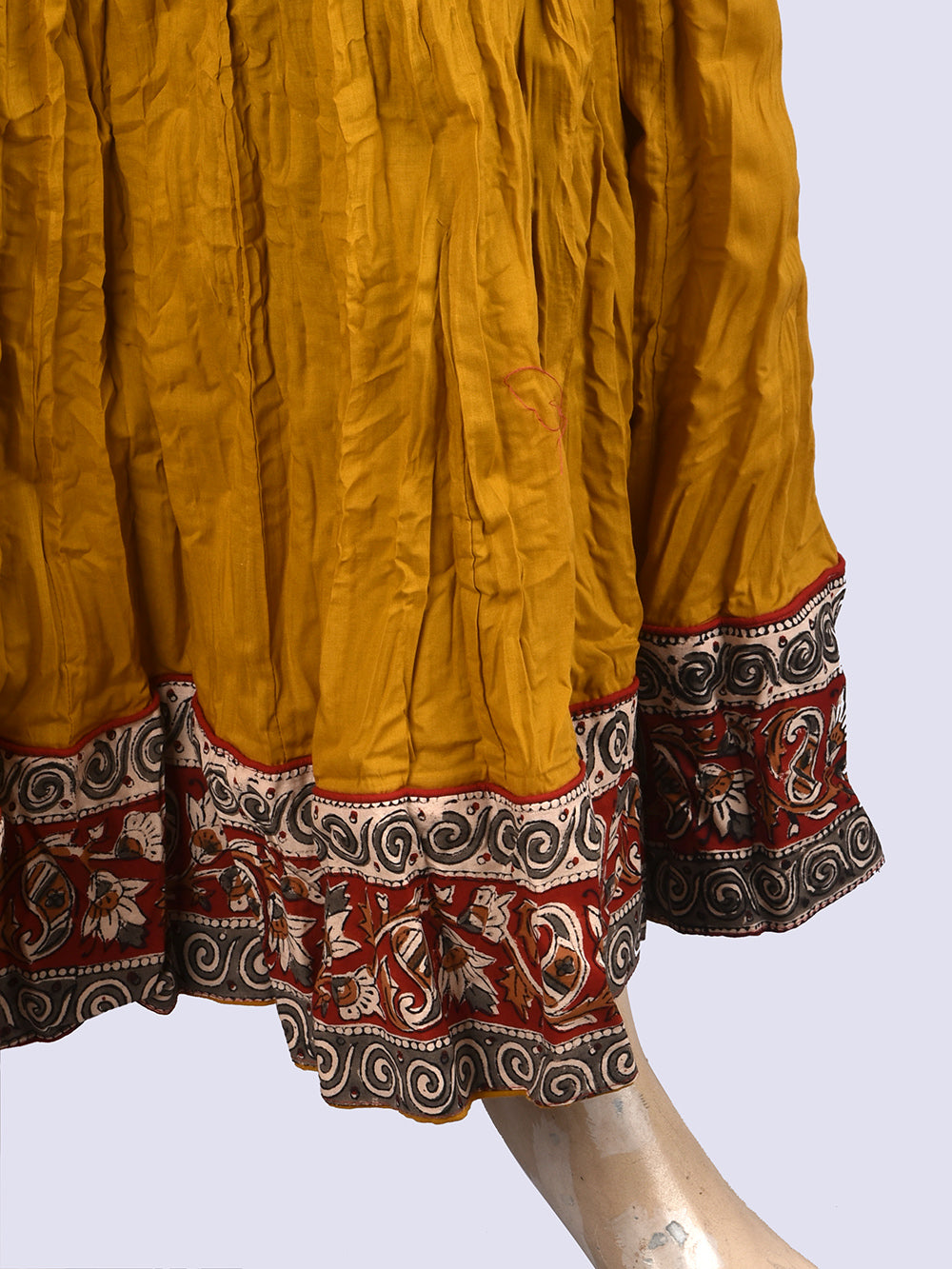 Plain Dyed Ochre Yellow with Kalamkari Border Crinkled Cotton 28 Kali Kalidaar Skirt