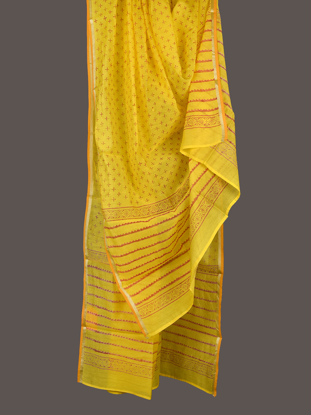 Yellow Plus Hand Block Printed Mono Chanderi Dupatta