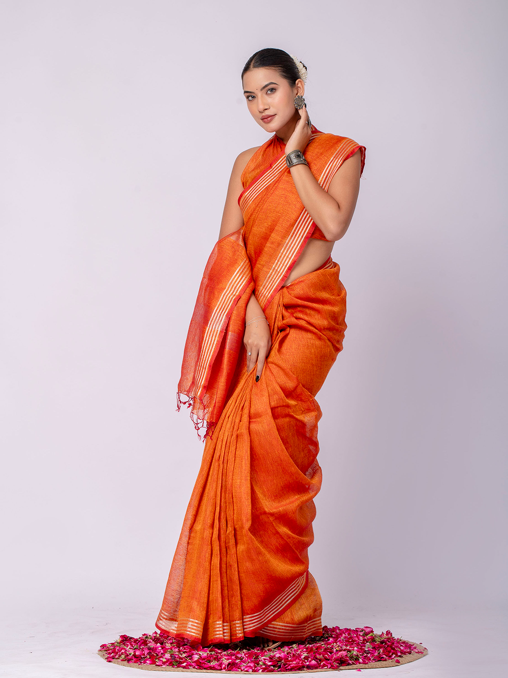 Vibrant Tangerine Cross Dyed Pure Linen Saree with Blouse