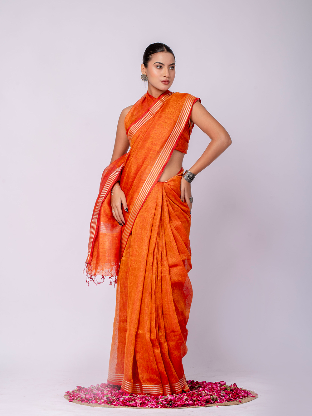 Vibrant Tangerine Cross Dyed Pure Linen Saree with Blouse