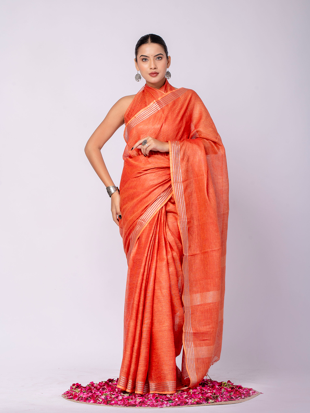 Coral Orange Cross Dyed Pure Linen Saree with Blouse
