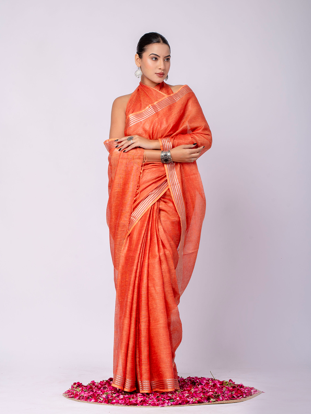 Coral Orange Cross Dyed Pure Linen Saree with Blouse