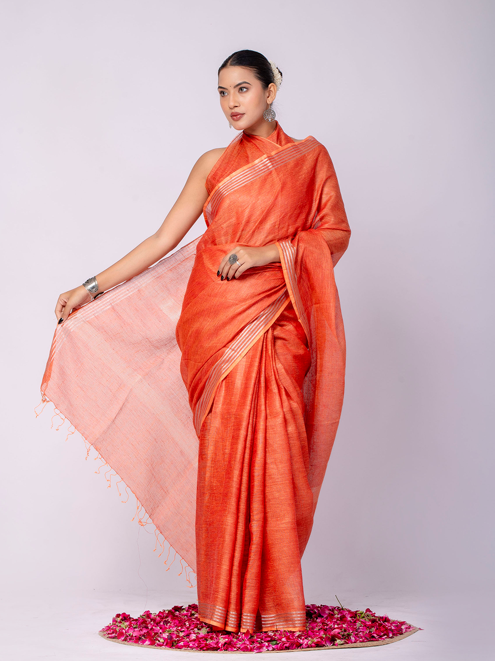 Coral Orange Cross Dyed Pure Linen Saree with Blouse