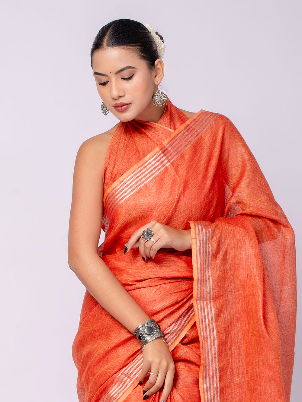 Coral Orange Cross Dyed Pure Linen Saree with Blouse