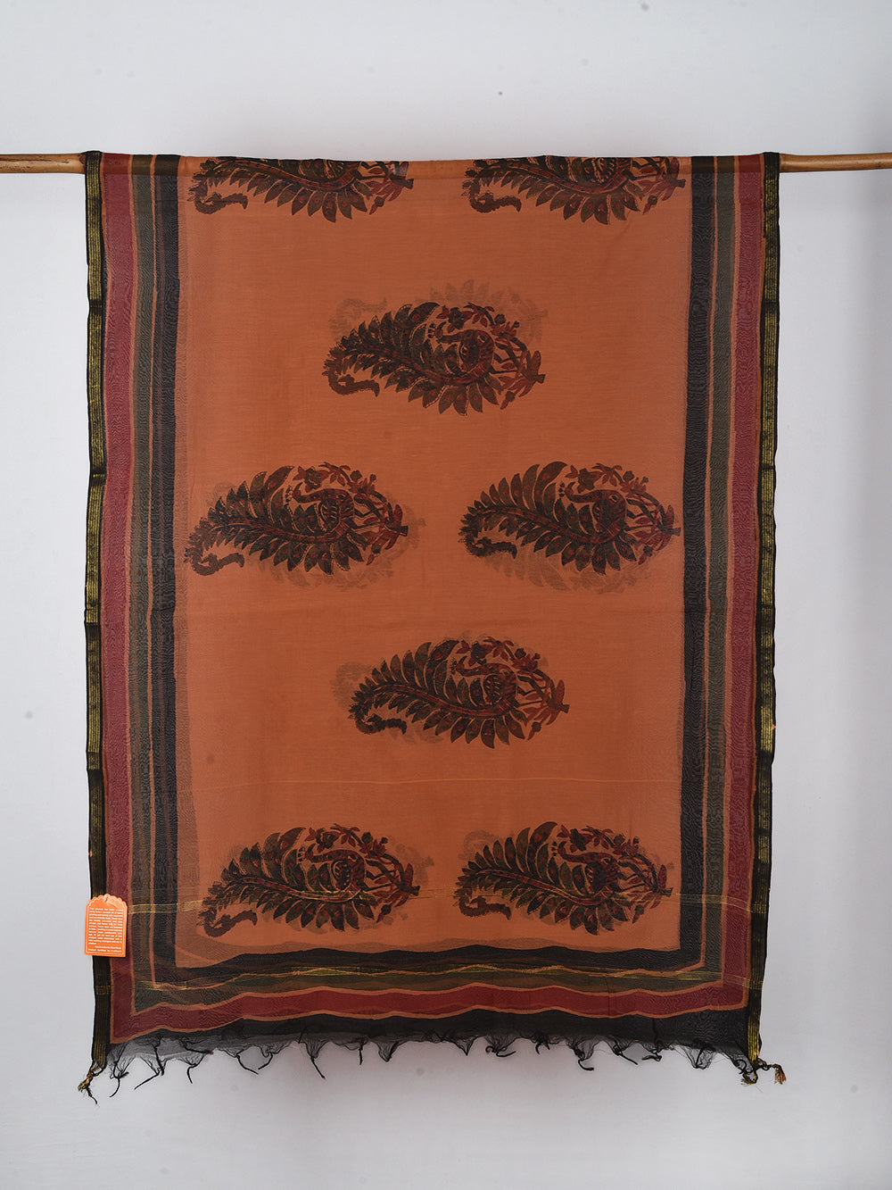 Orange Peacock Boota Hand Block Printed Silk Cotton Chanderi Dupatta