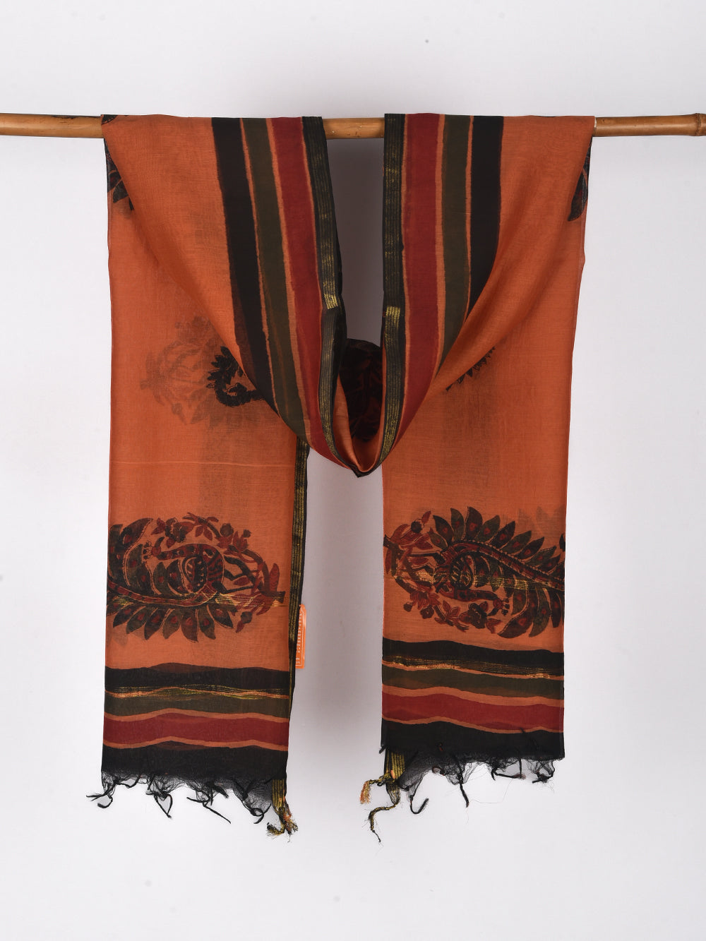 Orange Peacock Boota Hand Block Printed Silk Cotton Chanderi Dupatta