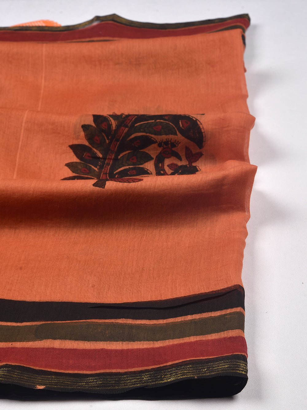 Orange Peacock Boota Hand Block Printed Silk Cotton Chanderi Dupatta