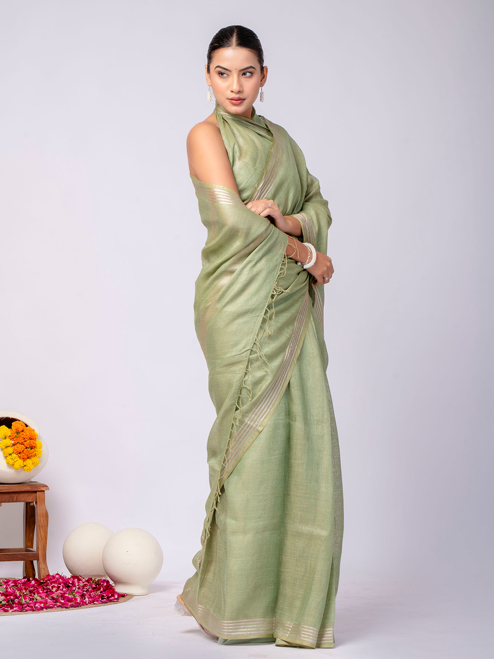 Pastel Green Cross Dyed Pure Linen Saree with Blouse