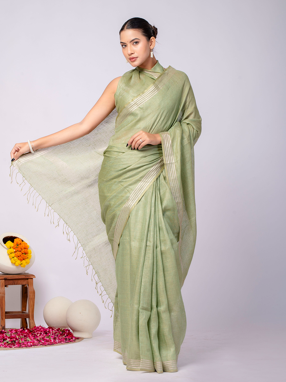 Pastel Green Cross Dyed Pure Linen Saree with Blouse