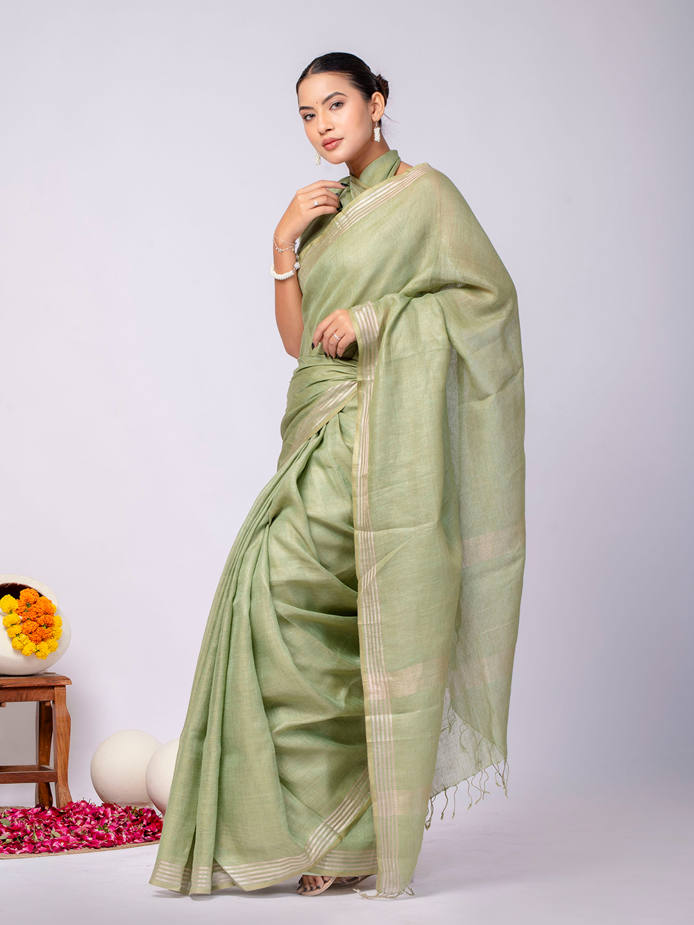 Pastel Green Cross Dyed Pure Linen Saree with Blouse