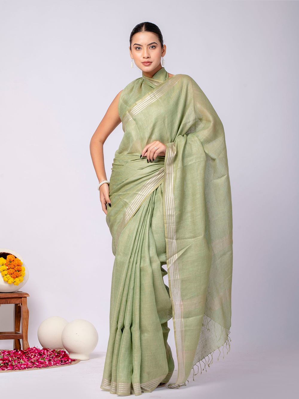 Pastel Green Cross Dyed Pure Linen Saree with Blouse