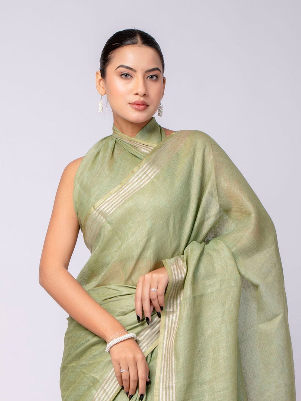 Pastel Green Cross Dyed Pure Linen Saree with Blouse