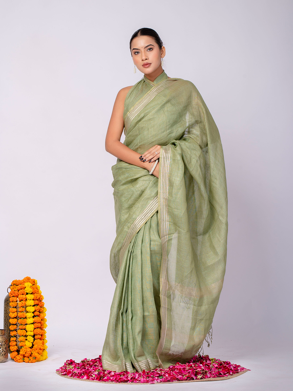 Pastel Green Cross Dyed Pure Linen Saree with Blouse