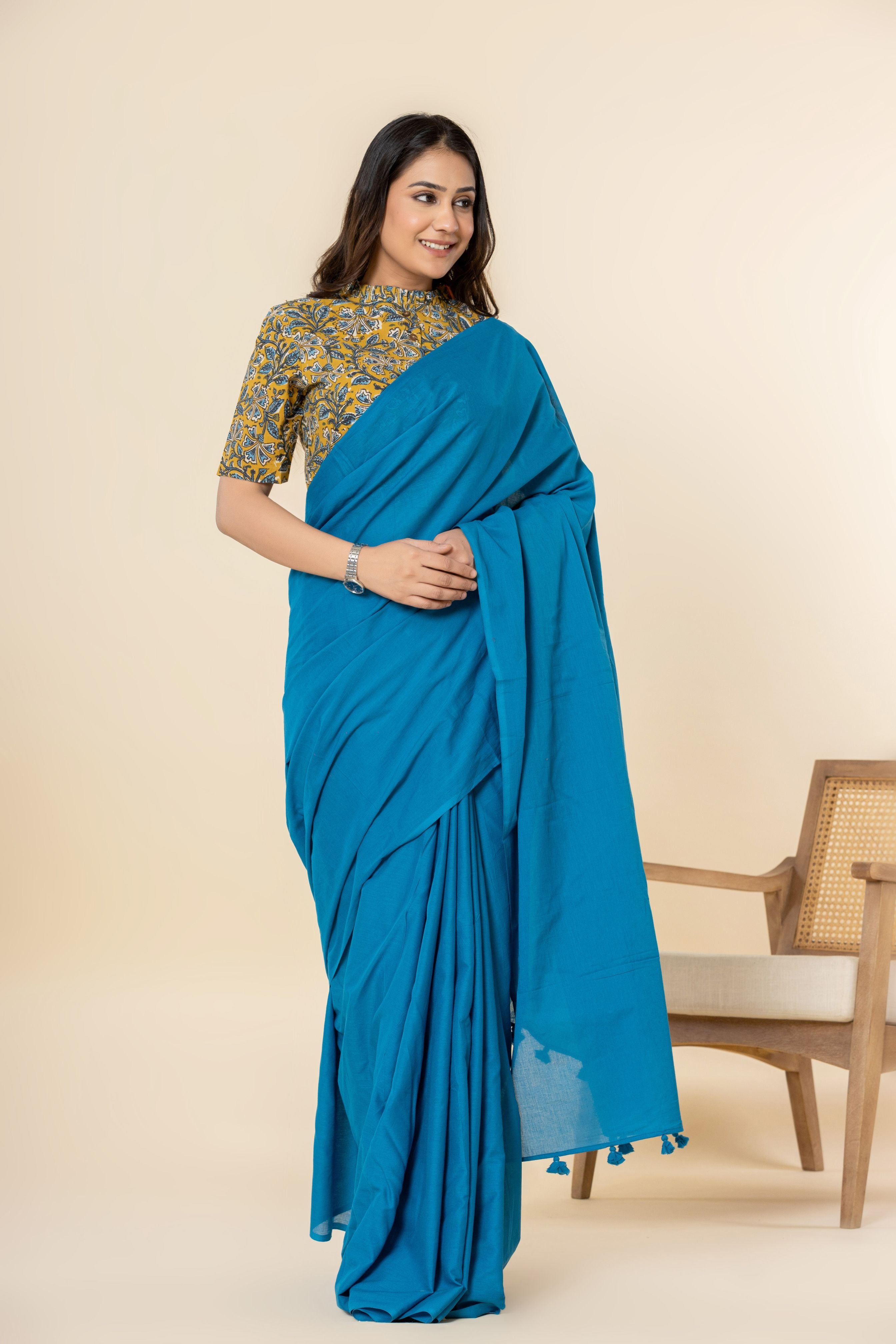 Peacock Blue Dyed Mul Mul Cotton Saree with Tassels (without Blouse)