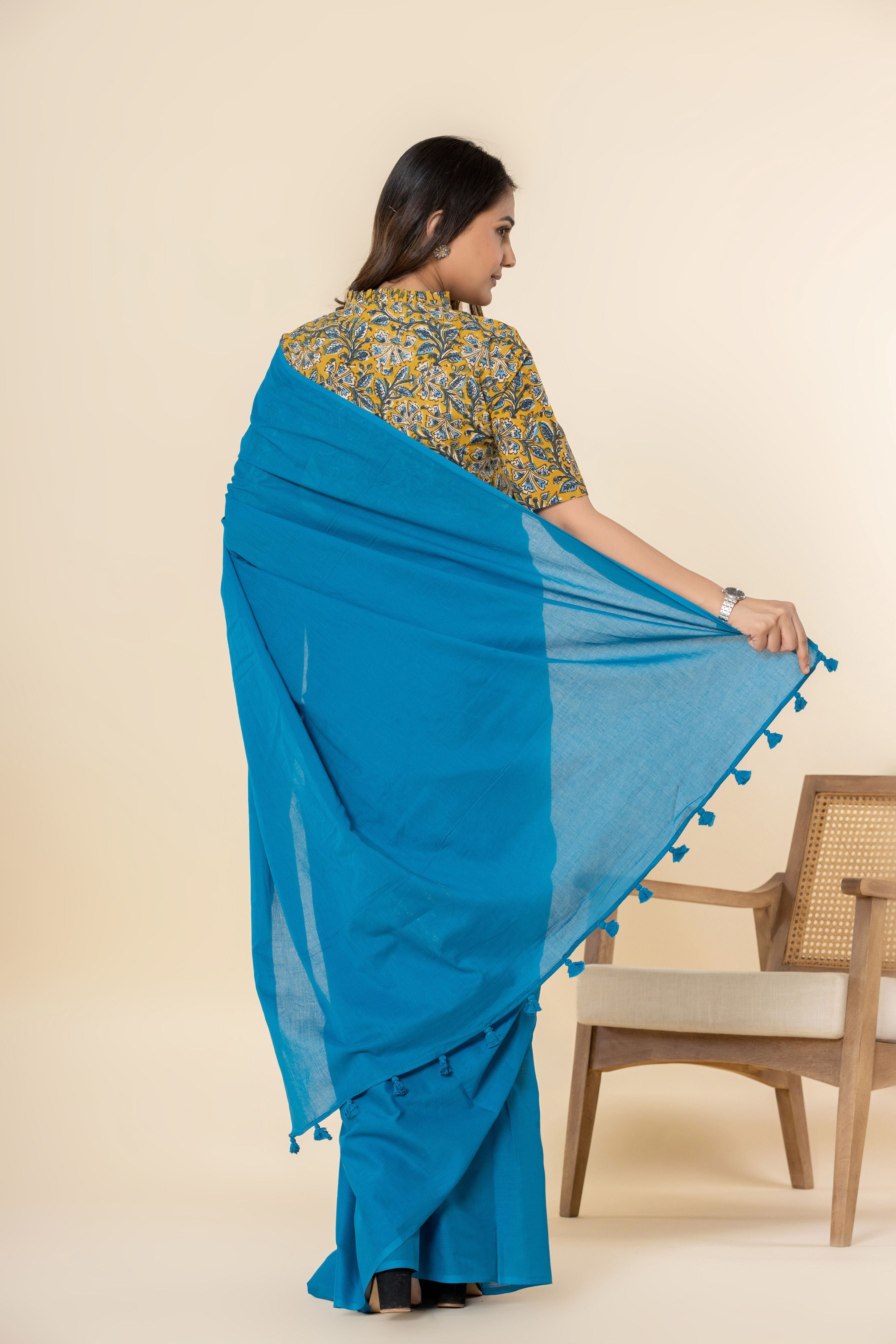 Peacock Blue Dyed Mul Mul Cotton Saree with Tassels (without Blouse)