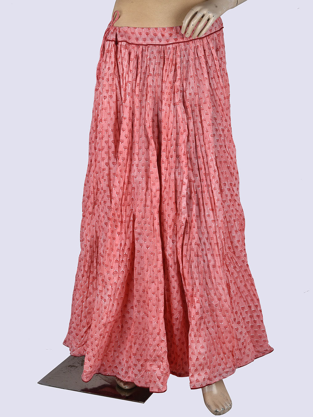 Pink Tulip Hand Block Printed Crinkled Cotton Cambric 48 Kali Kalidaar Skirt