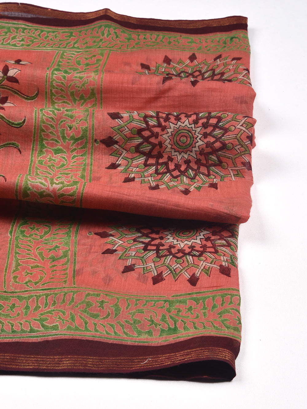 Peach Mandala Hand Block Printed Silk Cotton Chanderi Dupatta