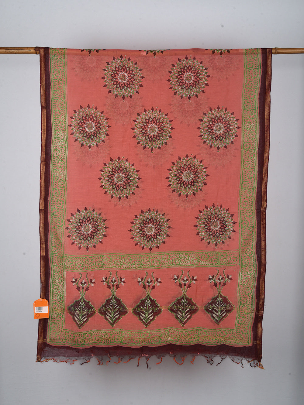Peach Mandala Hand Block Printed Silk Cotton Chanderi Dupatta