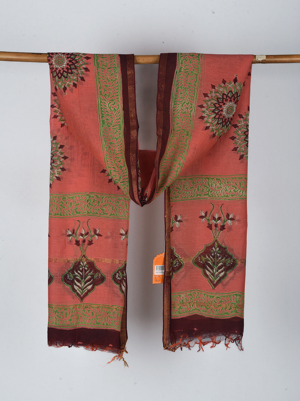 Peach Mandala Hand Block Printed Silk Cotton Chanderi Dupatta