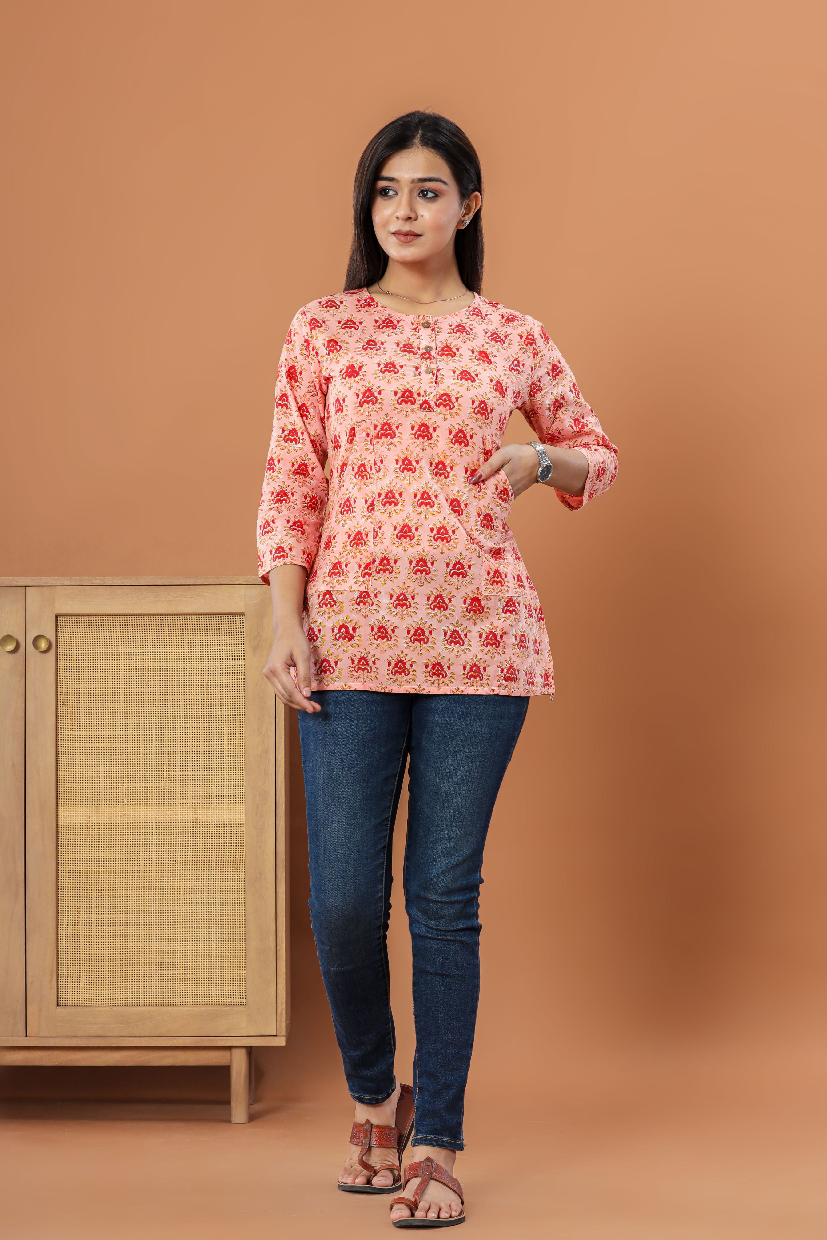 Peach Bouquet Flower Lounge Womens Hand Block Printed Tops