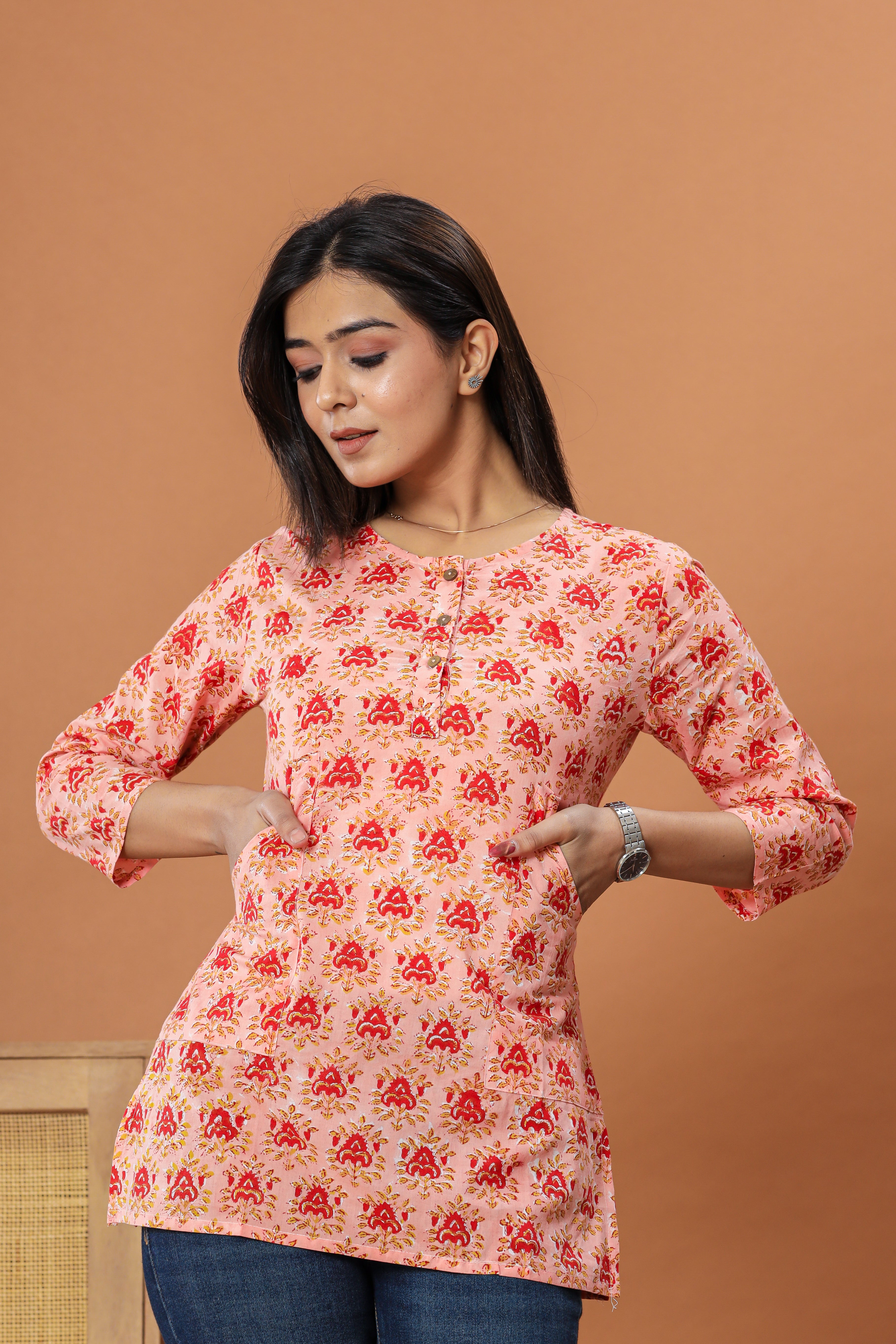 Peach Bouquet Flower Lounge Womens Hand Block Printed Tops