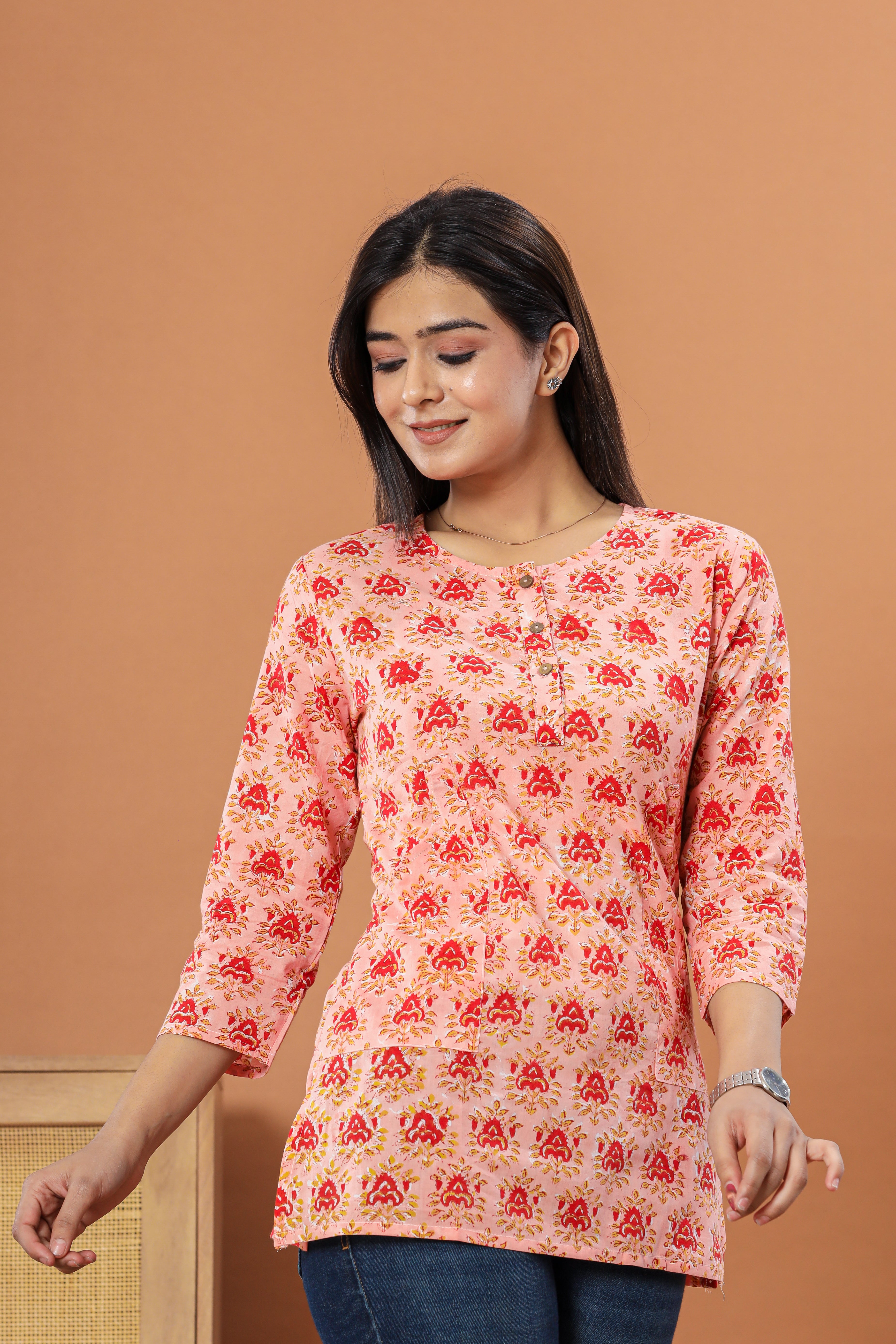 Peach Bouquet Flower Lounge Womens Hand Block Printed Tops